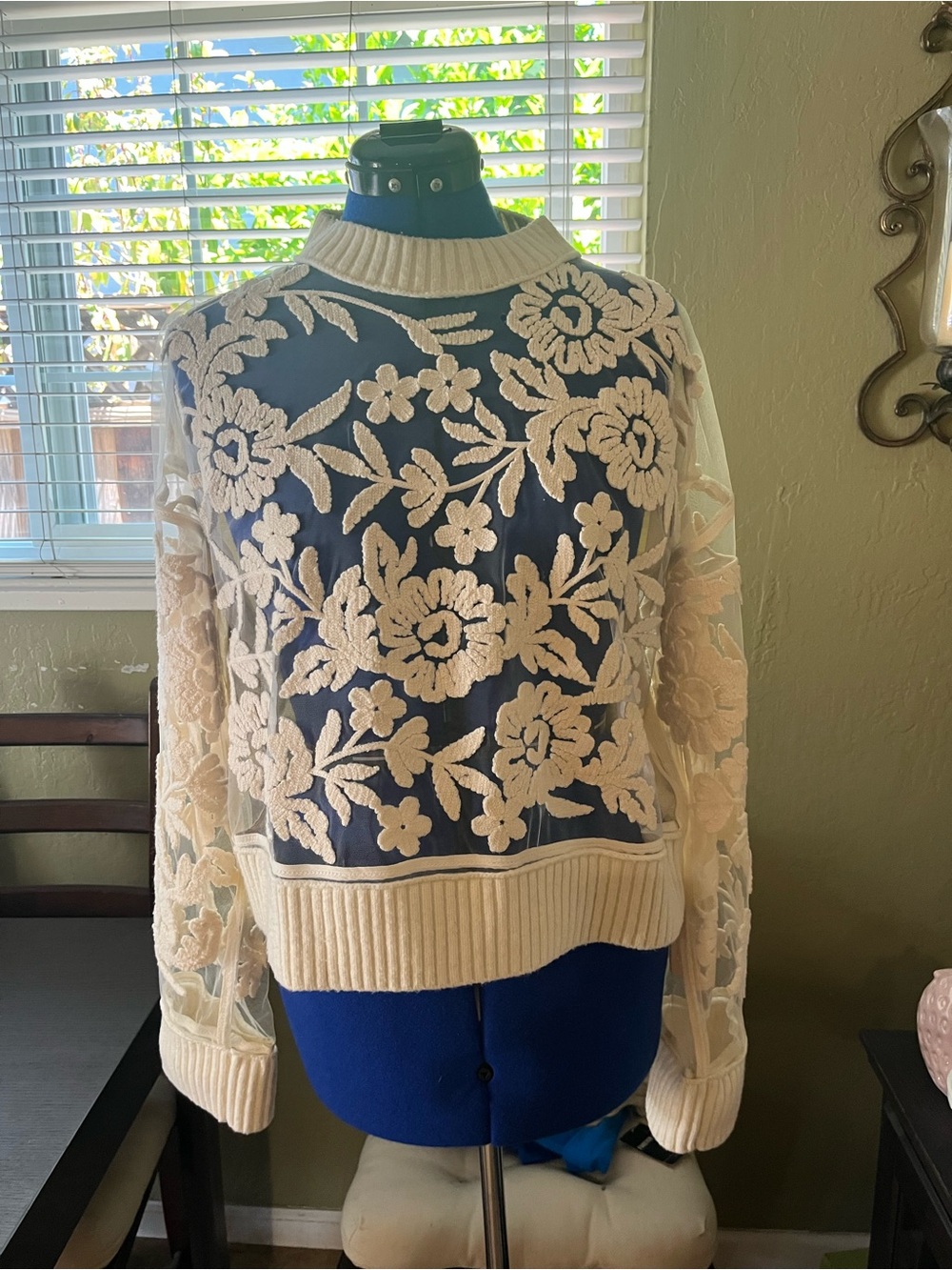 SHEIN Cream Floral Lace Turtleneck Sweater